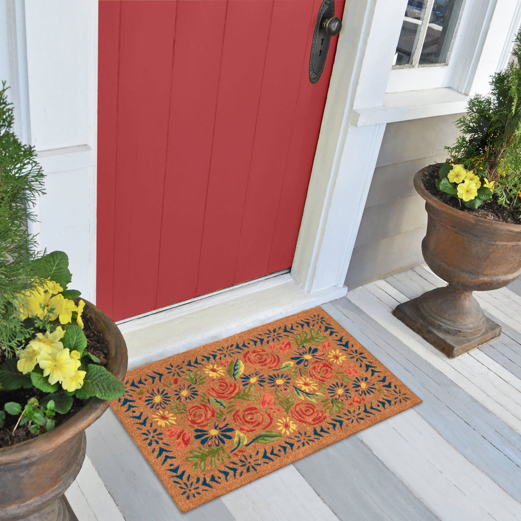 Natura Block Print Flowers Coir Doormat with Non-Slip Backing