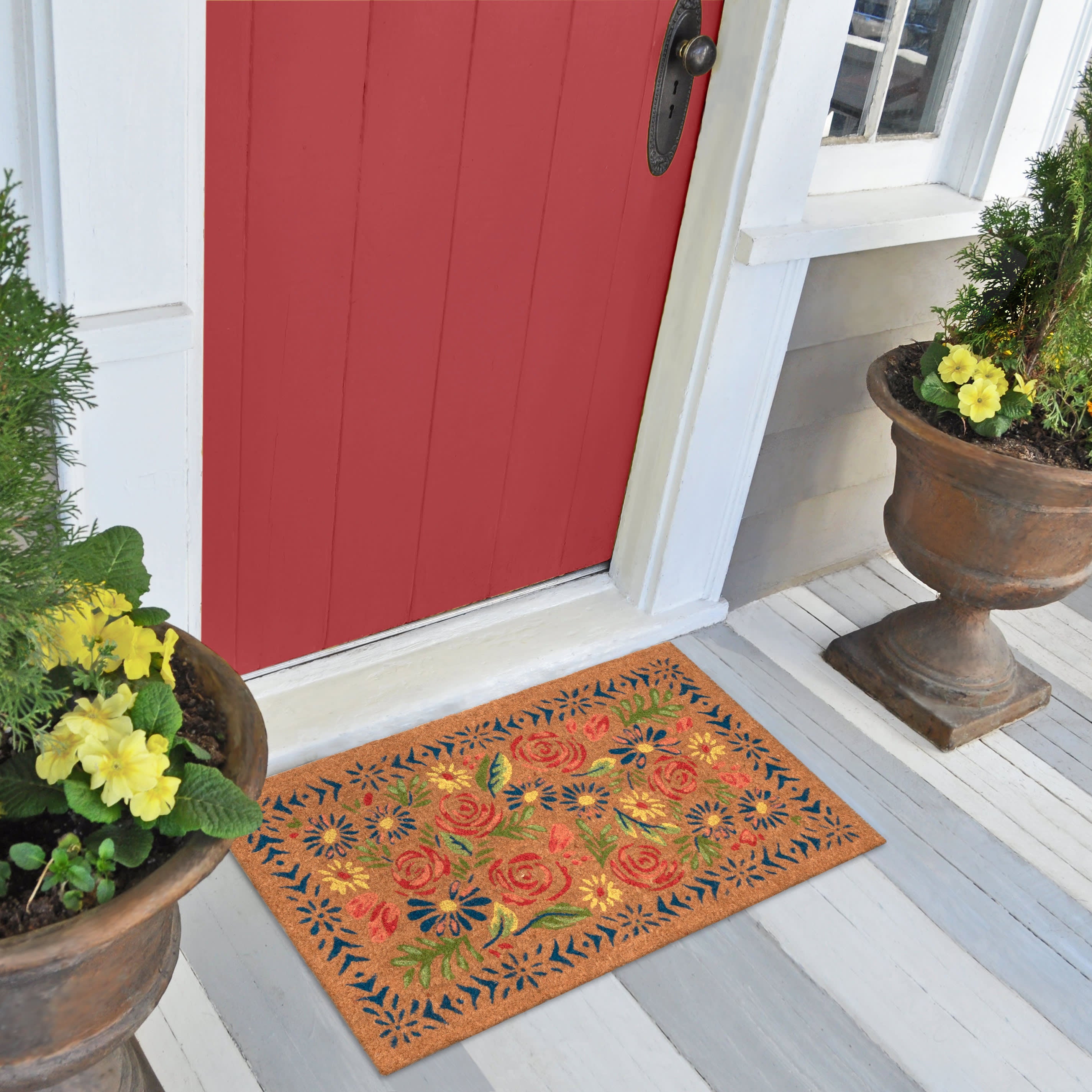 Natura Block Print Flowers Coir Doormat with Non-Slip Backing