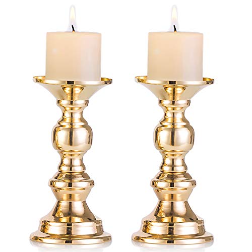 2 Pcs Gold Metal Pillar Candle Holders A956992
