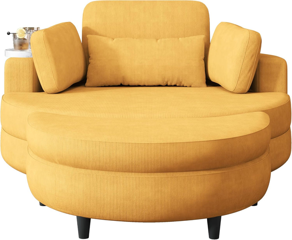 Oversized Corduroy Barrel Armchair with Adjustable Headrest, 4 Pillows, Storage Ottoman & Removable Tray V820634