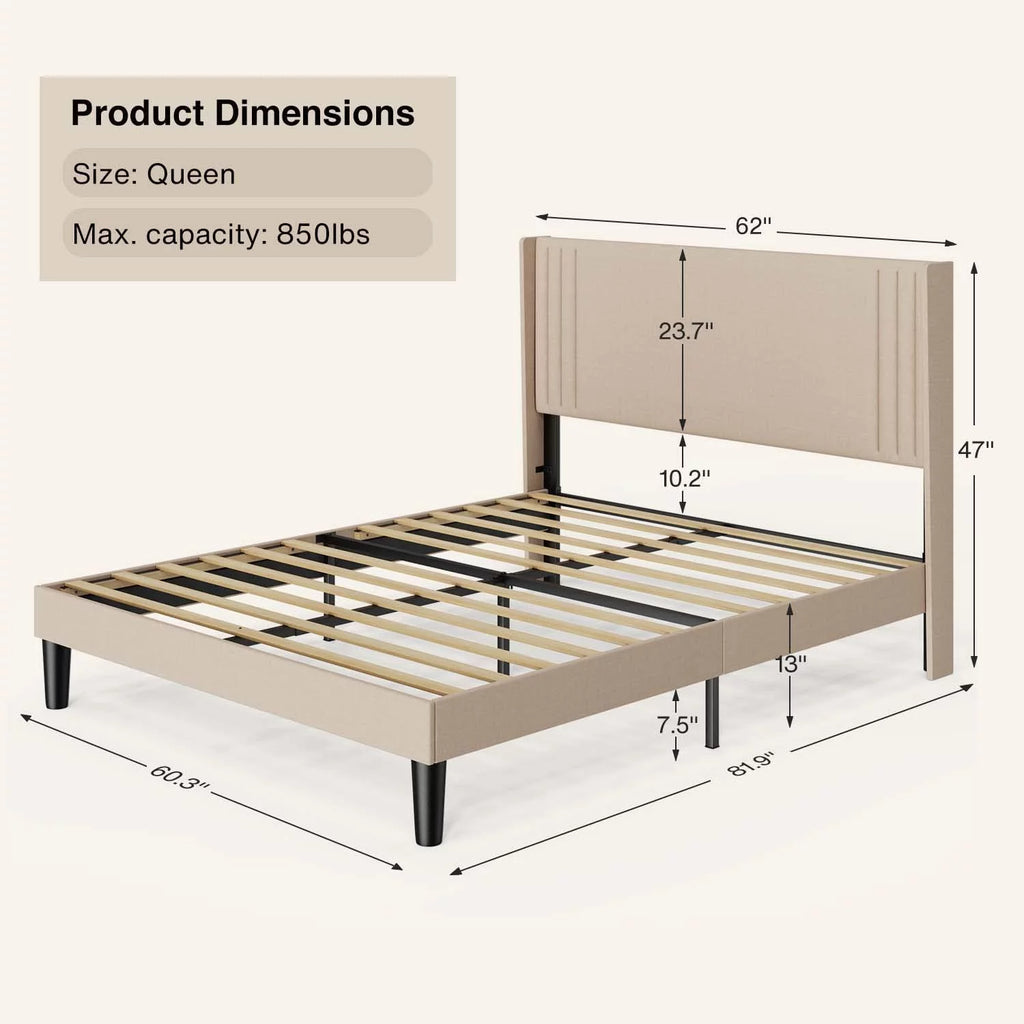 Queen Bed Frame with Wing Back Upholstered Headboard Beige Z440369