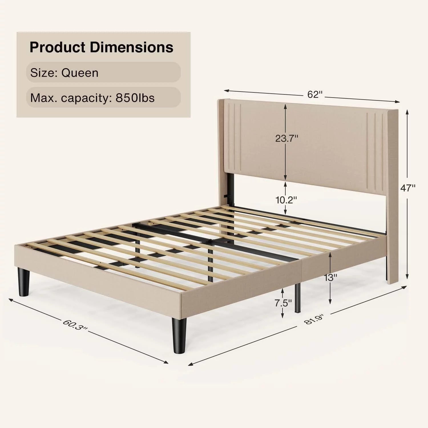Queen Bed Frame with Wing Back Upholstered Headboard Beige Z440369