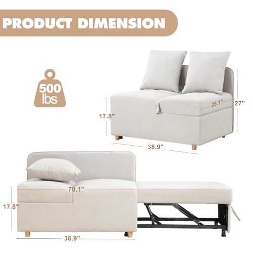 Beige 3-Seat Linen Fabric Convertible Sofa Bed with 2 Throw Pillows C38437