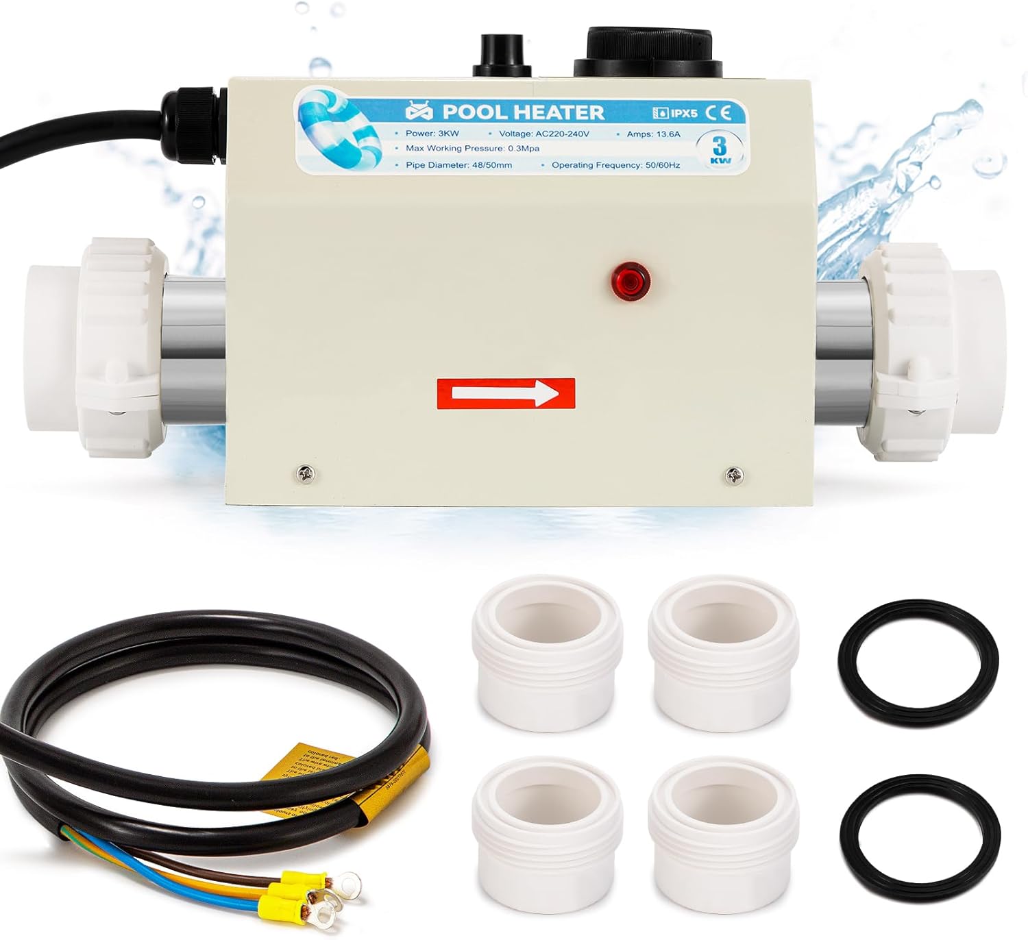 3KW 220V Electric Pool Heater with Adjustable Temperature Control M96154
