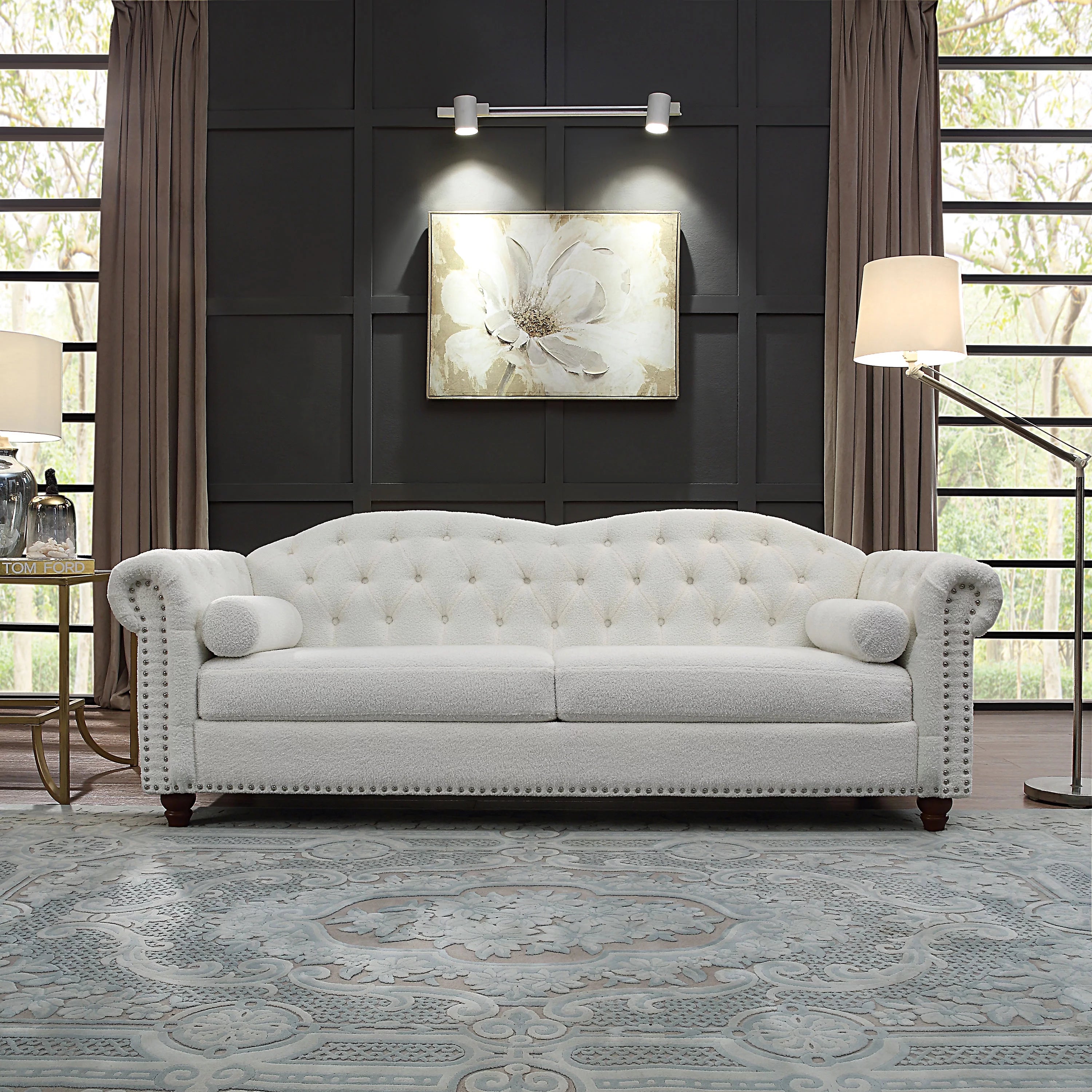 Teddy Velvet Button Tufted Sofa with Nailhead Arms and Rubber Wood Legs J75790