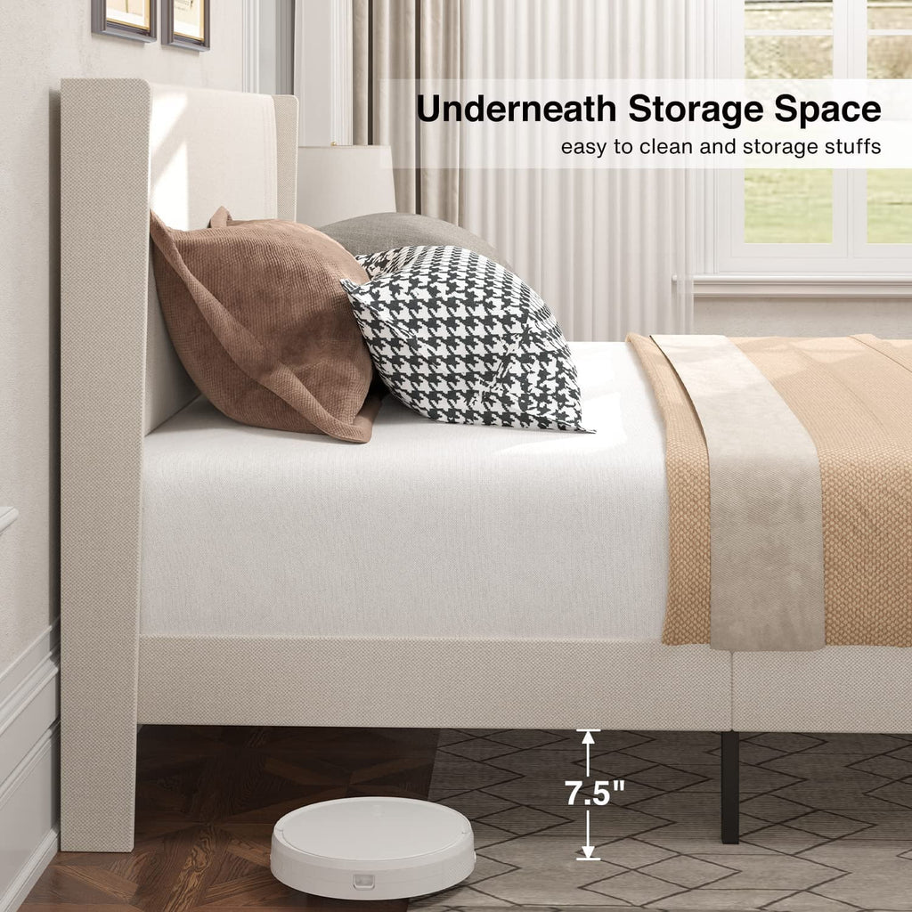 Queen Bed Frame with Wing Back Upholstered Headboard Beige Z440369