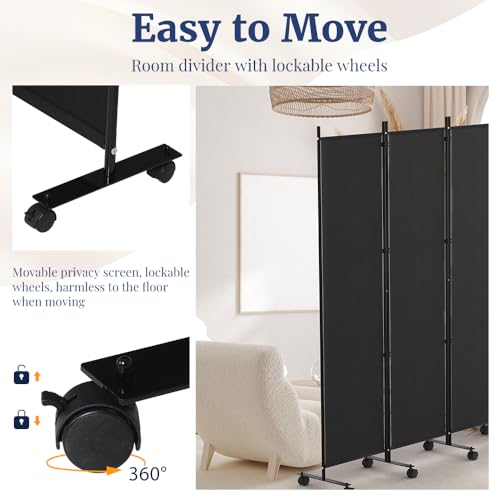 6FT Tall Black Rolling Room Divider with Lockable Wheels T34734