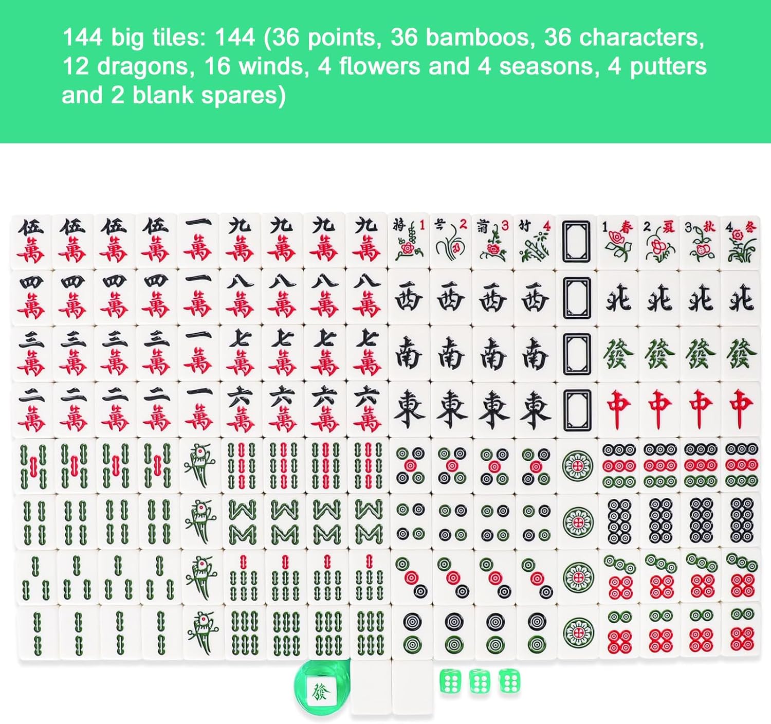 1.65'' Large Size 146 Green Tiles Mahjong Set with Blue Carrying Bag P9264