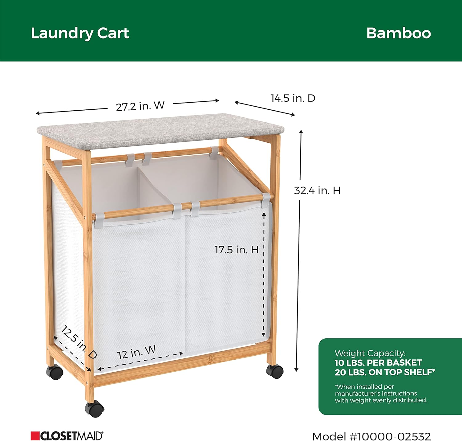 Bamboo Laundry Hamper Cart with Ironing Board Folding Station, Dual Compartments with Divider, Natural Finish B363