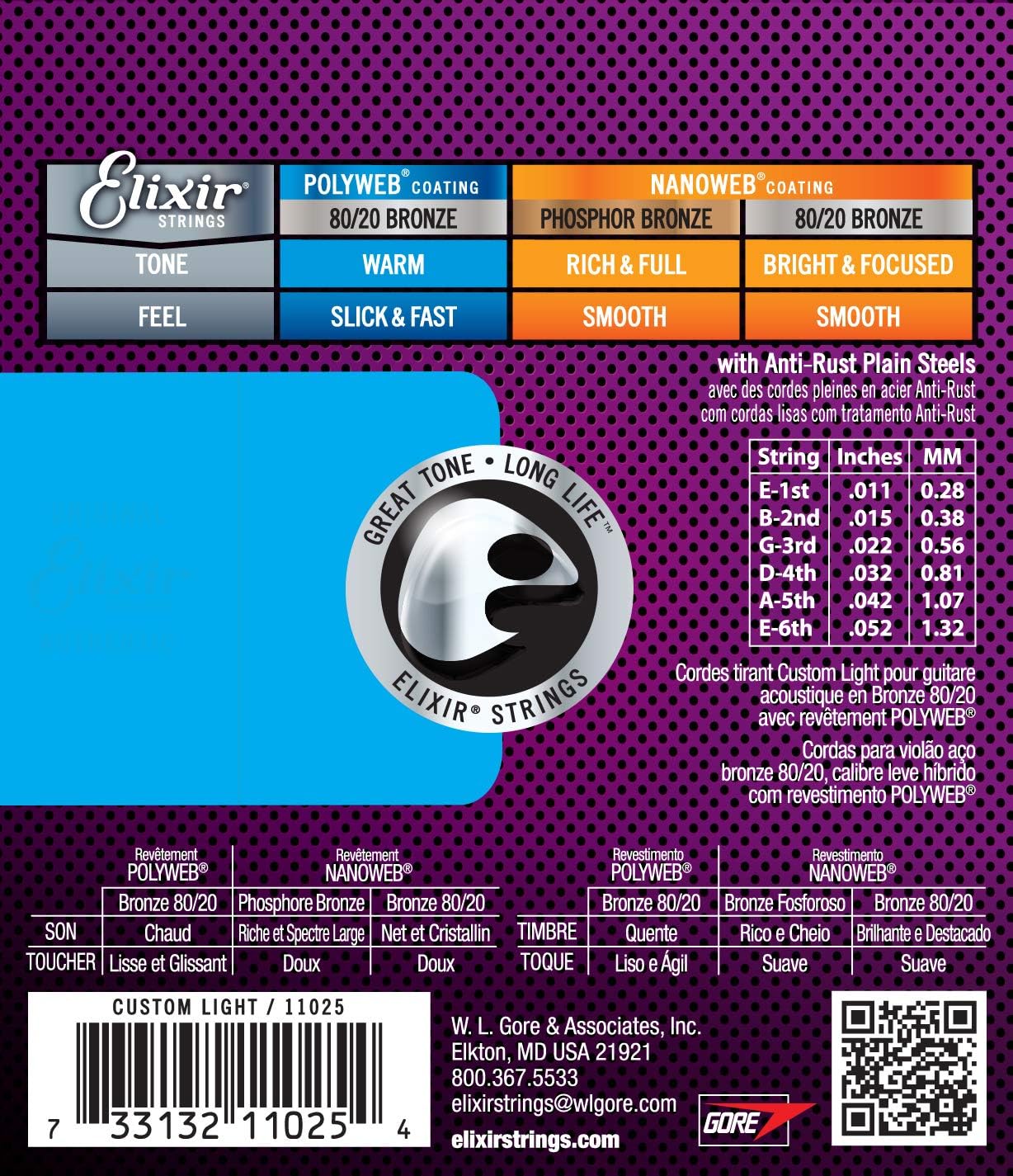 Acoustic Guitar Strings, 80/20 Bronze with POLYWEB Coating, 6 String Set, Custom Light 11-52 B9962
