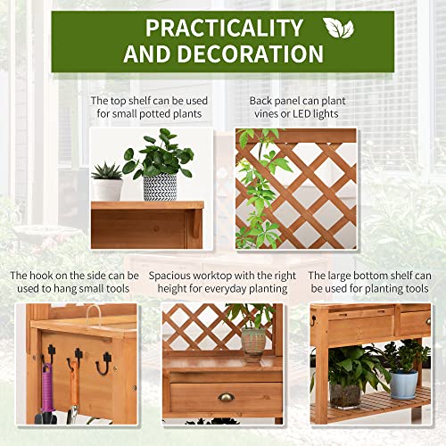 Outsunny Garden Potting Bench, Outdoor Wooden Workstation Table with Metal Screen, Drawer, Hooks, Storage Shelf, and Lattice Back E2159