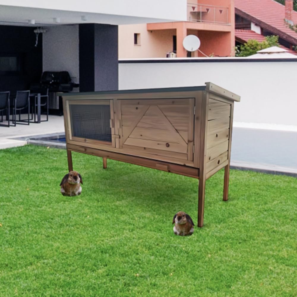 Outdoor Wooden Rabbit Hutch with Open-up Roof and Pull Out Tray E6086