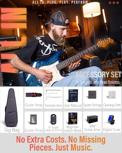 Blaze Orange Electric Guitar with Roasted Maple Neck, Flame Maple Top, HSS Ceramic Pickups, 10W Amp, Gig Bag, Strap, Picks, Lesson Book M845537