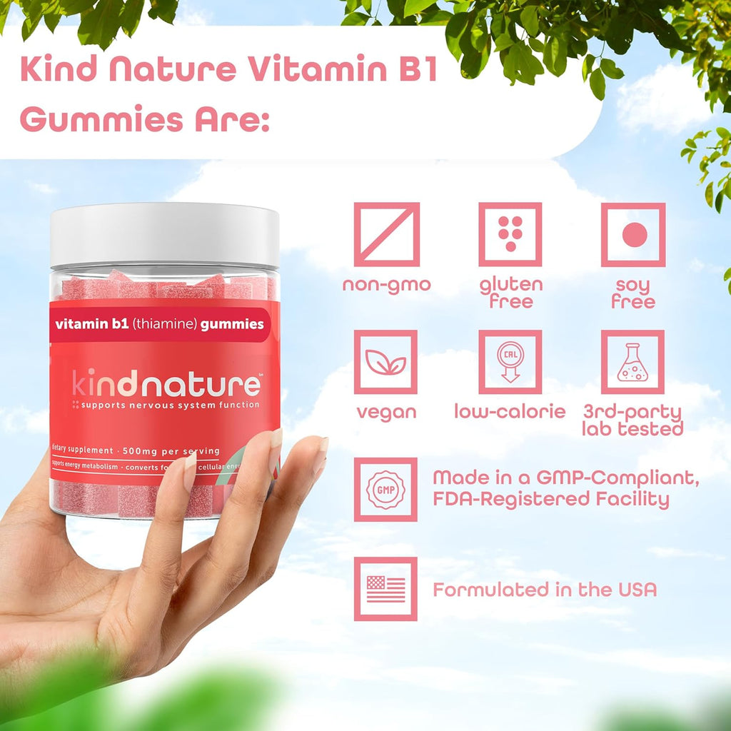 Vitamin B1 Gummies Chewable Thiamine 500mg Non GMO Vegan Natural Strawberry Flavor X754