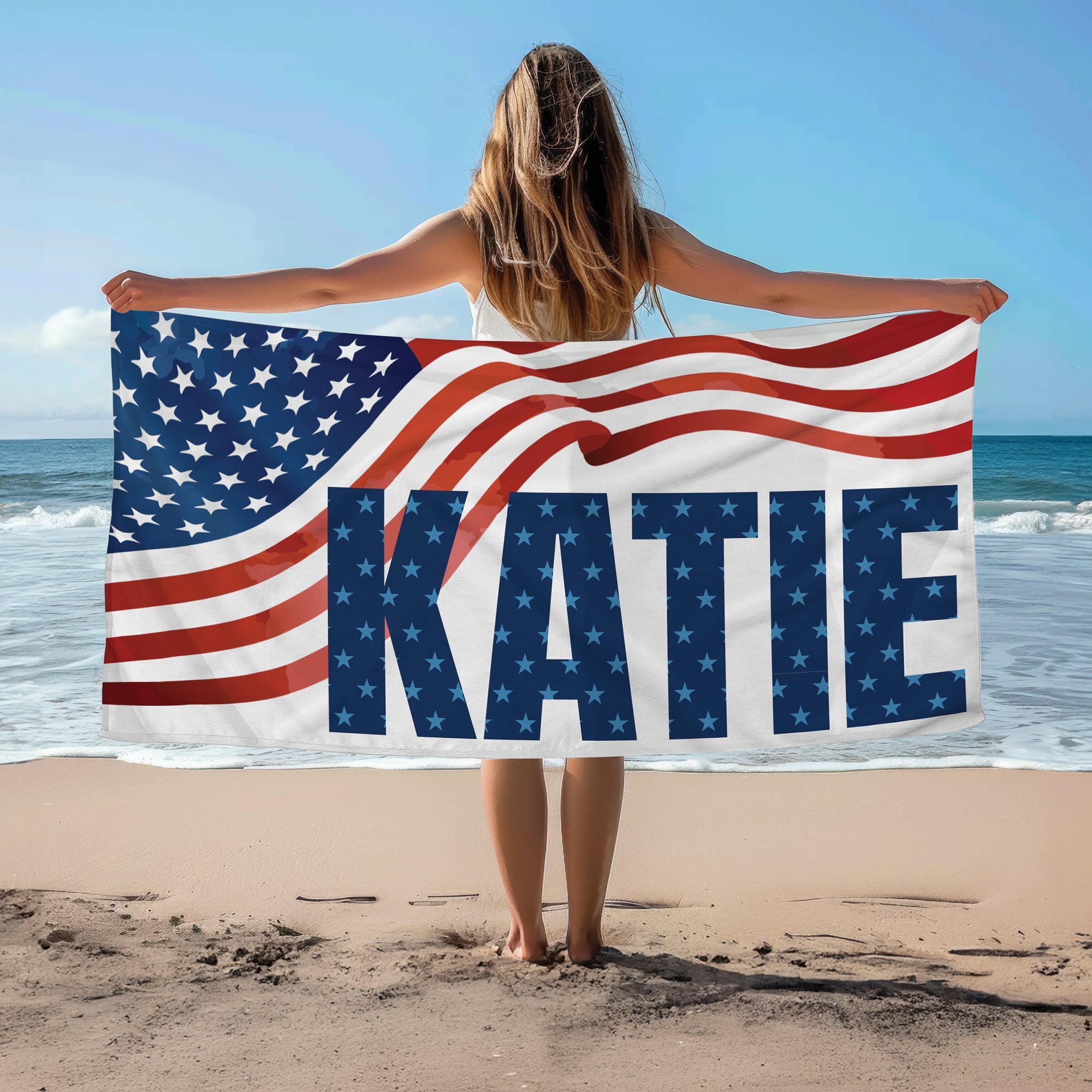 Personalized American Flag Big Bold Name Beach Towel