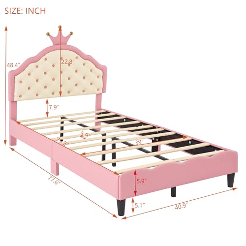 Twin Size Pink Upholstered Bed Frame with Tufted Headboard V584310