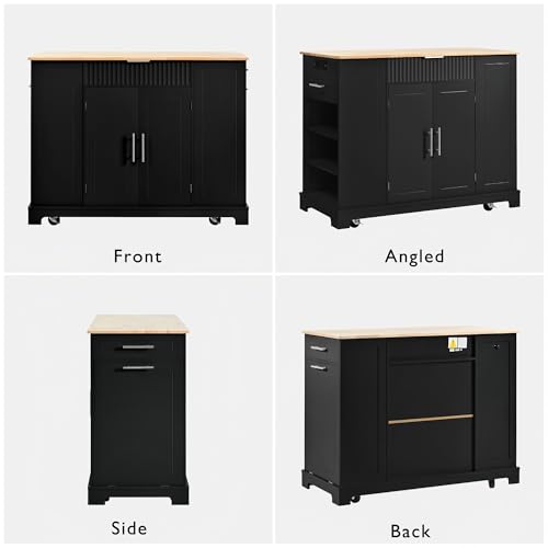 60" Kitchen Island with Drop Leaf and Power Outlet, Rolling Kitchen Cart with Trash Can Storage Cabinet A291679