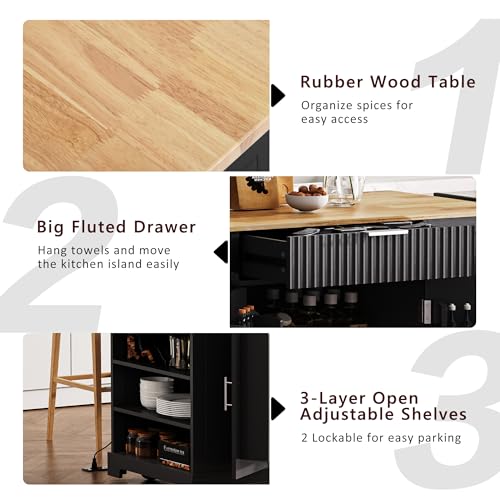 60" Kitchen Island with Drop Leaf and Power Outlet, Rolling Kitchen Cart with Trash Can Storage Cabinet A291679