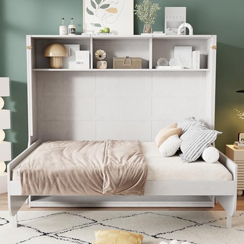 Antique White Solid Wood Full Size Murphy Bed with Desk and Storage Shelves E534828