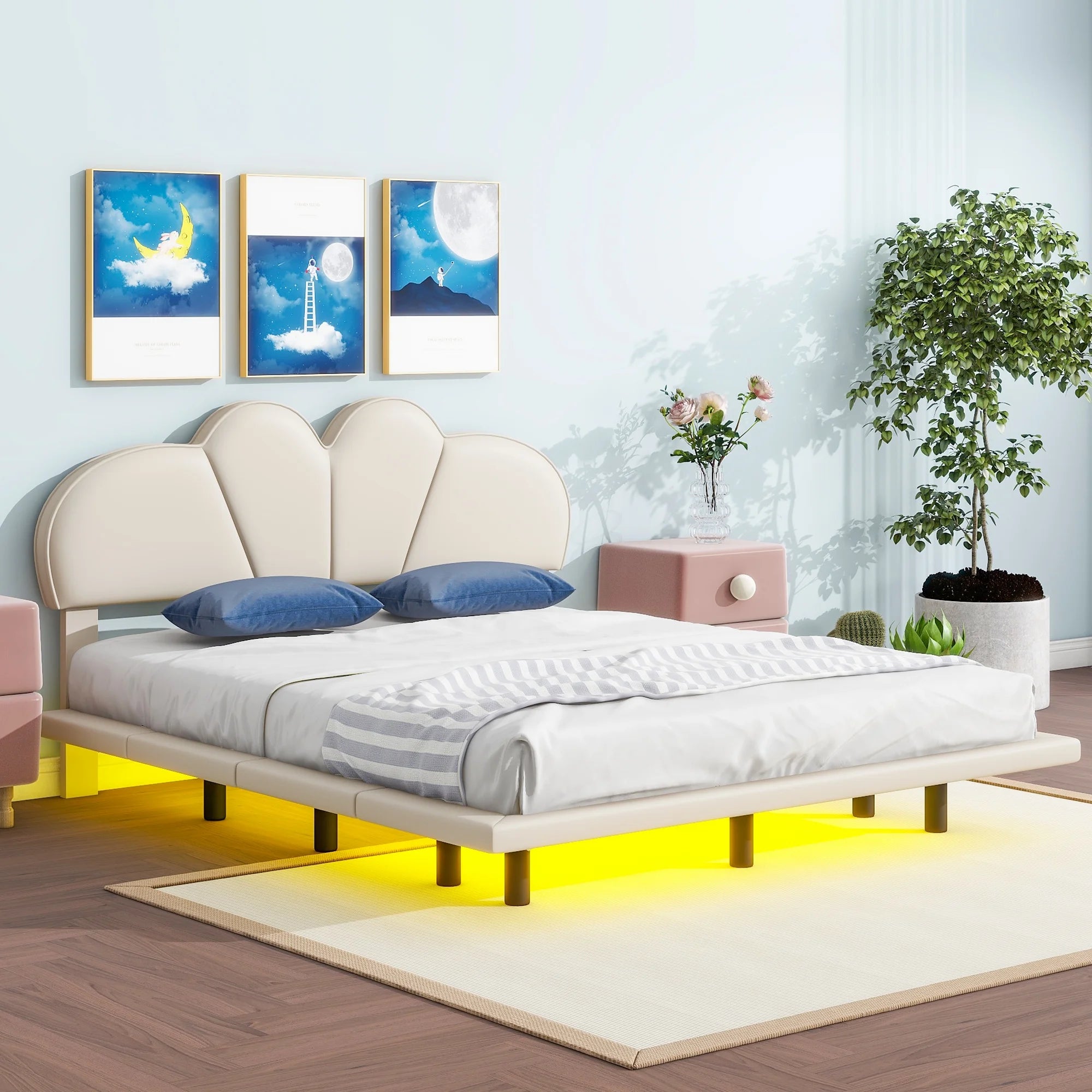 Beige Full Size Upholstered Platform Bed with LED Lights Y90169