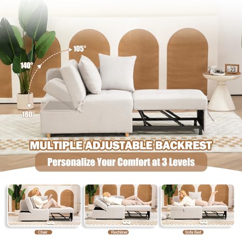 Beige 3-Seat Linen Fabric Convertible Sofa Bed with 2 Throw Pillows C38437