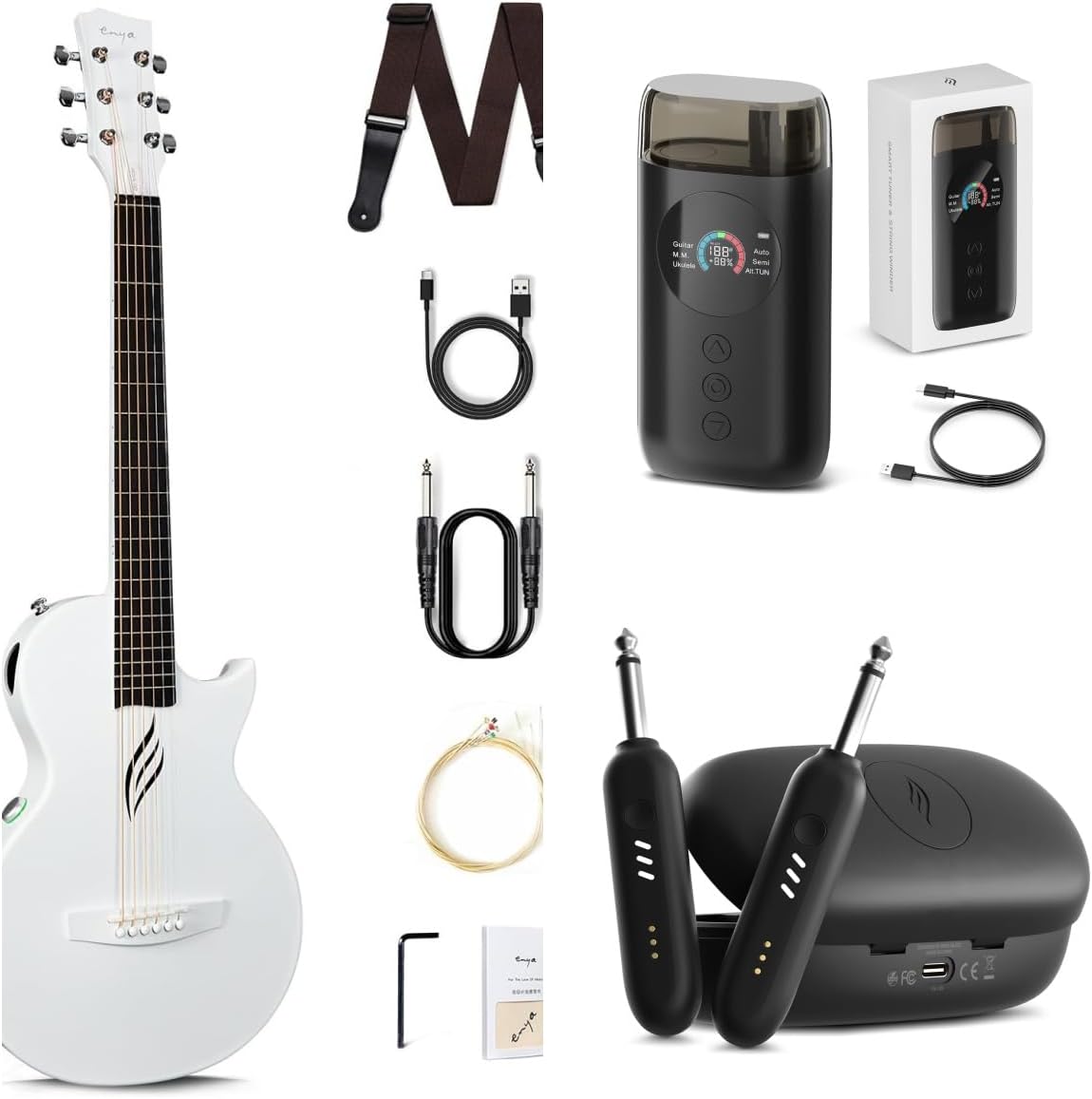 Carbon Fiber Acoustic Electric Guitar 35 Inch Starter Bundle Kit (White) X653851