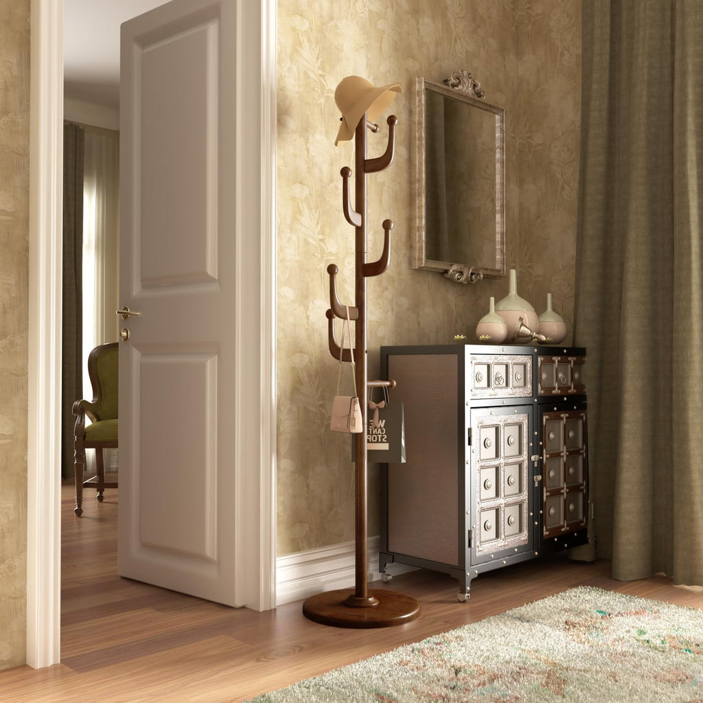 Brown Freestanding Wood Coat Rack Y652