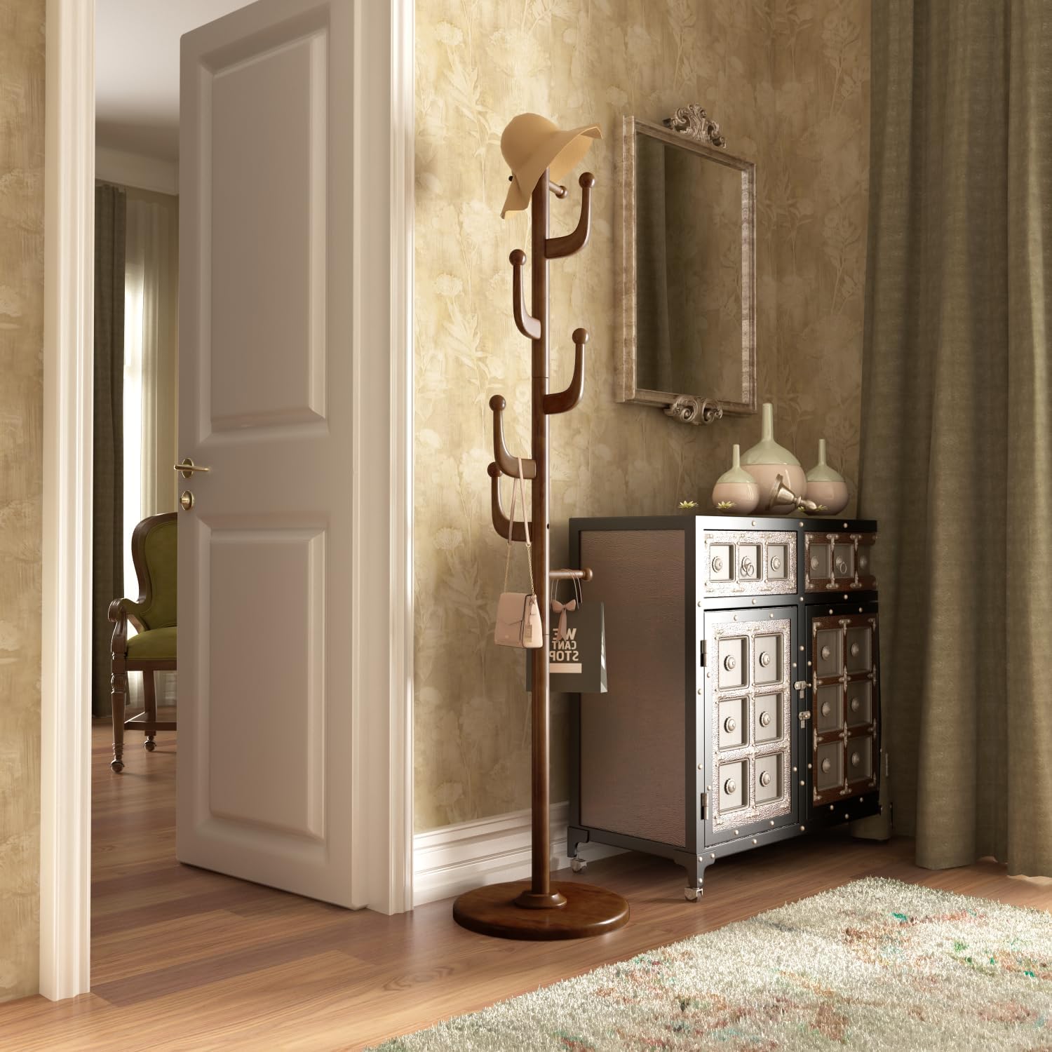 Brown Freestanding Wood Coat Rack Y652