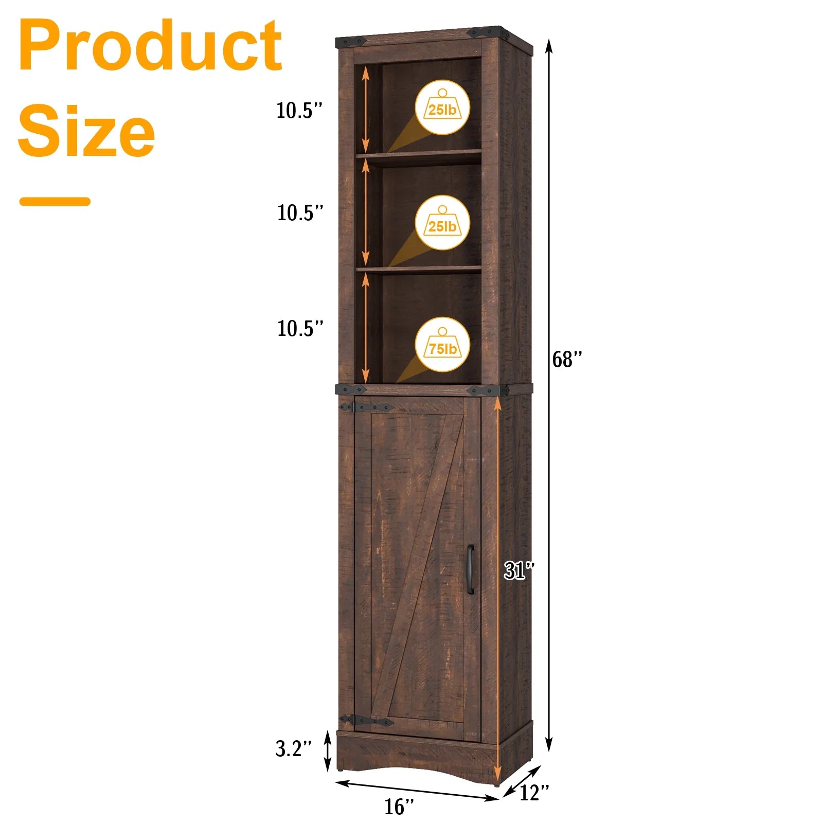 5-Shelf Tall Storage Cabinet with Barn Door and Adjustable Shelves, Brown A7885
