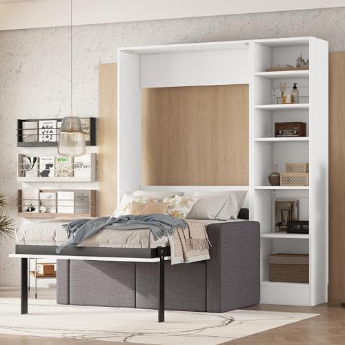 White Queen Size Wood Murphy Bed with Sofa Y8015