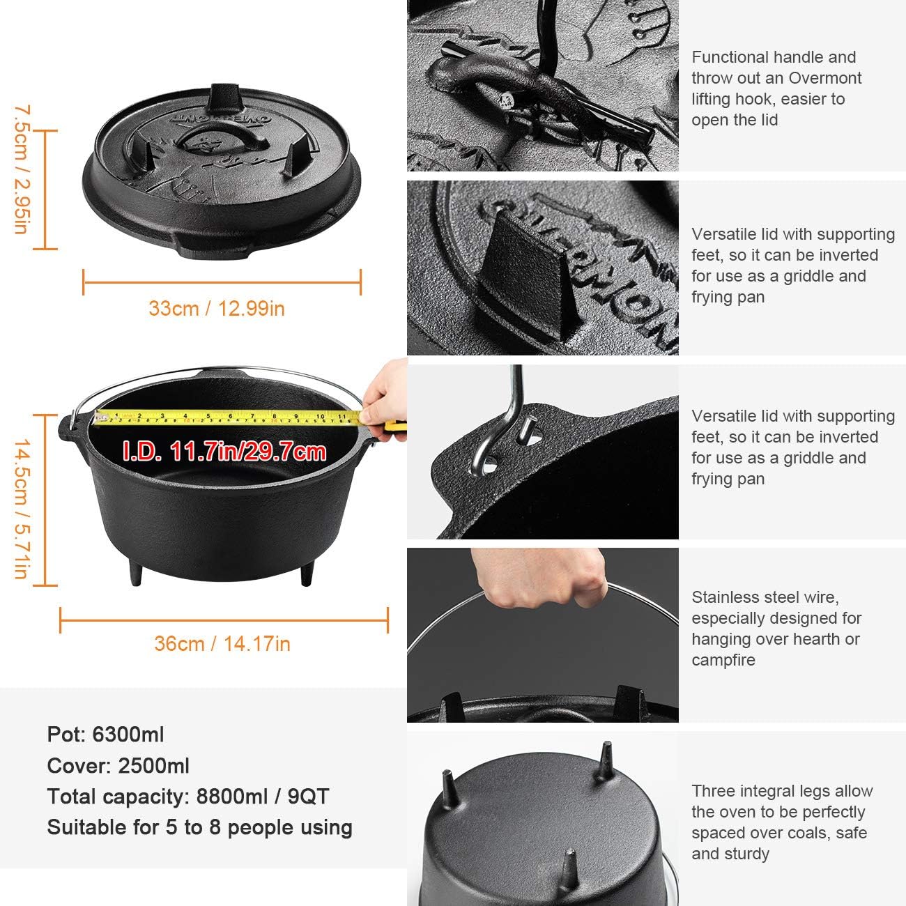Pre Seasoned Cast Iron Camp Dutch Oven 9QT Y12300