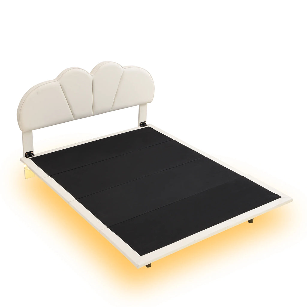Beige Full Size Upholstered Platform Bed with LED Lights Y90169