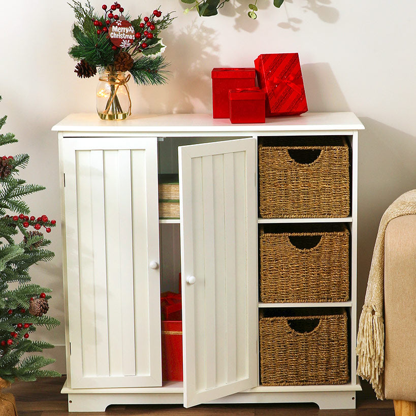 Beadboard Storage Cabinet with 3 Shelves and Cupboard