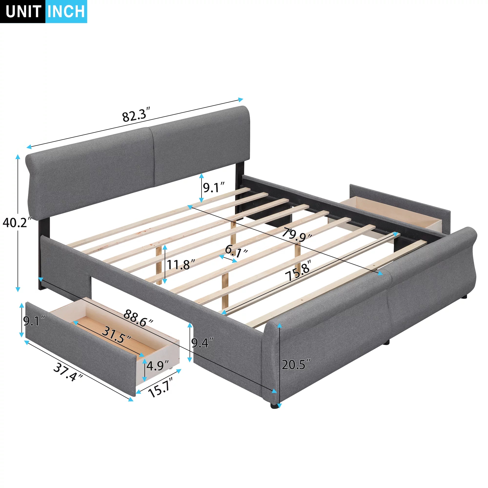 King Size Linen Upholstered Platform Bed with Headboard and 2 Drawers, Gray K495601