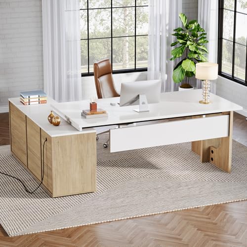 74.8" L Shaped Computer Desk with Shelves and CPU Storage, Black and Brown Y94297