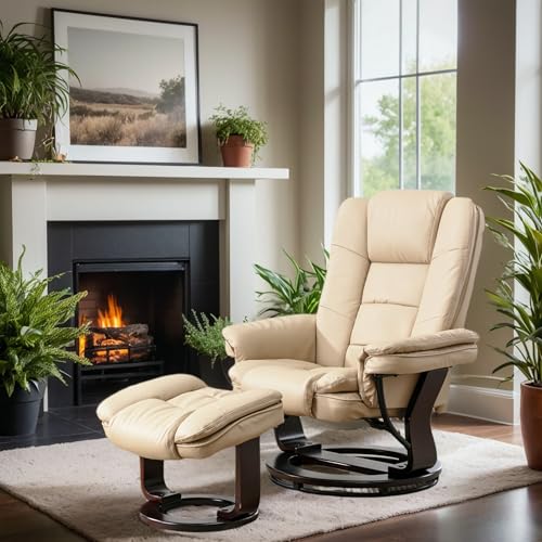 Beige Leather Swivel Recliner Chair with Ottoman L797257