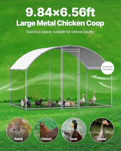Large Metal Chicken Coop with Run, 9.8x26.5x6.5 ft Walk-in Chicken Runs with Cover, Spire Roof Hen House with Security Lock O941542