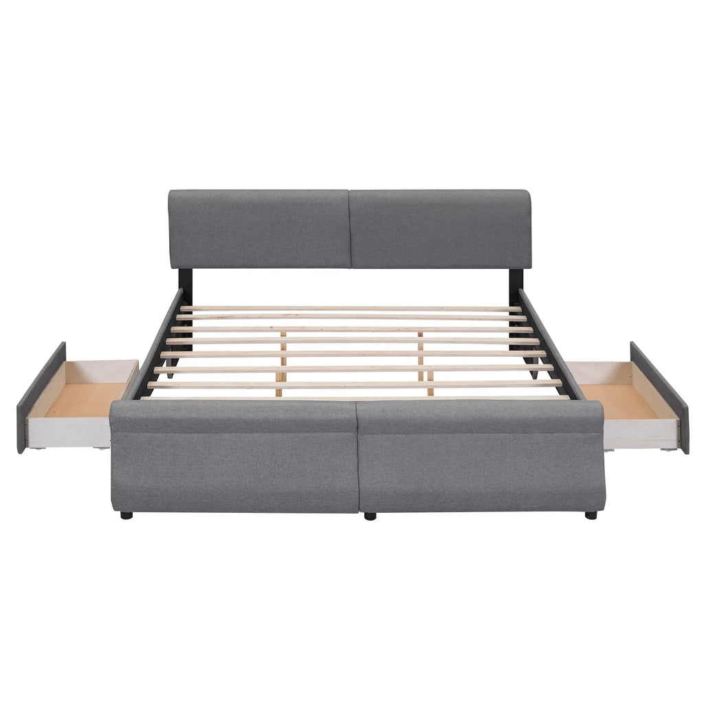 King Size Linen Upholstered Platform Bed with Headboard and 2 Drawers, Gray K495601