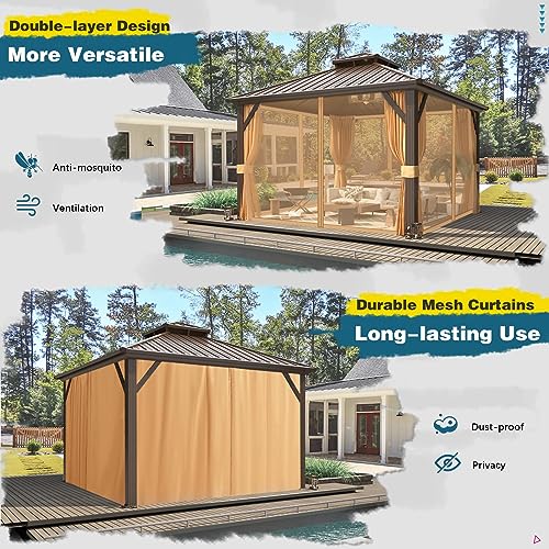 10'x13' Hardtop Gazebo with Polycarbonate Double Roof, Aluminum Frame with Curtains and Netting W47864