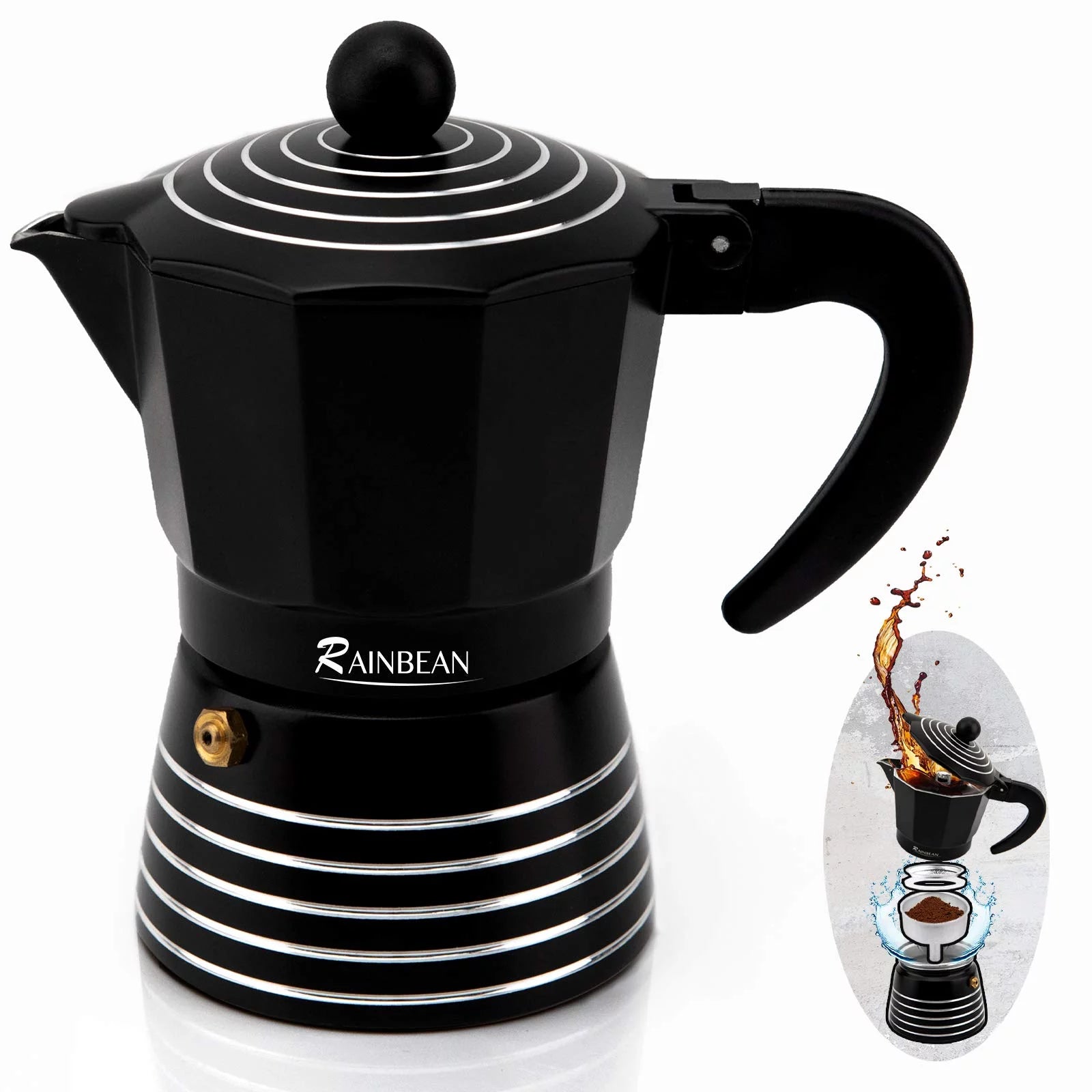 3 Cup Aluminum Stovetop Espresso Maker Moka Pot (Black) H518975