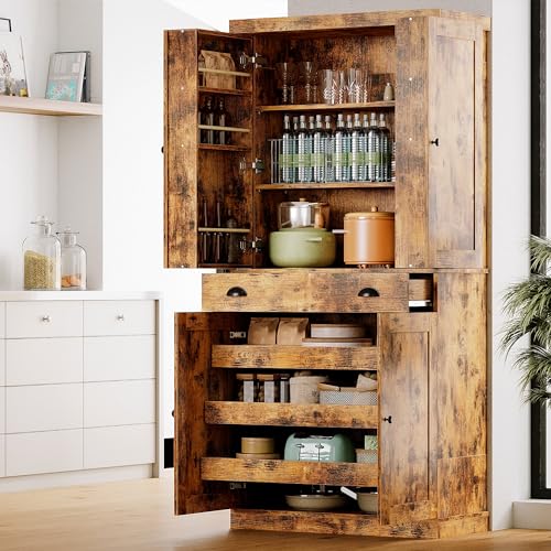 White 72" Tall Kitchen Pantry Cabinet with Sliding Storage Rack and 6 Hanging Shelves E2215