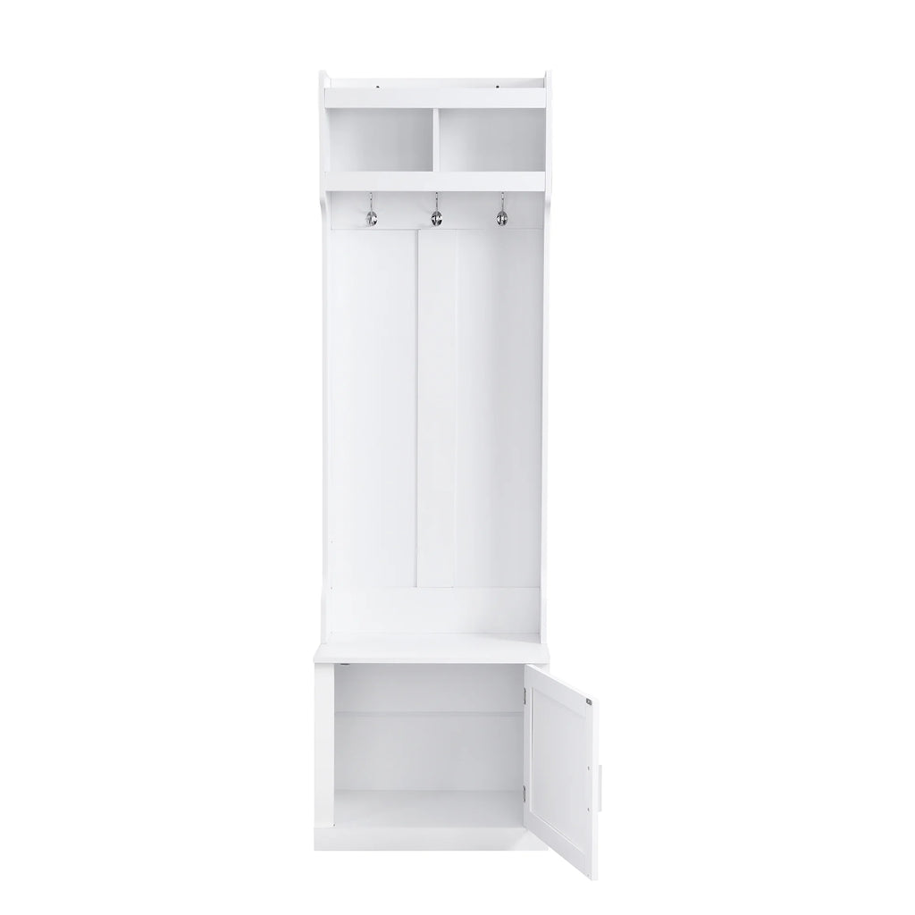 White Slim Hall Tree with Cabinet & 6 Hanging Hooks Storage Bench with Coat Rack K427