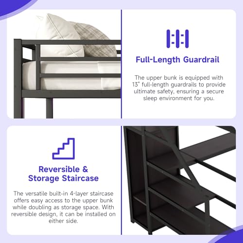 Full Size Metal Loft Bed Frame with L Shaped Desk, Wardrobe, Storage Stairs, Charging Station & Safety Guard Q252