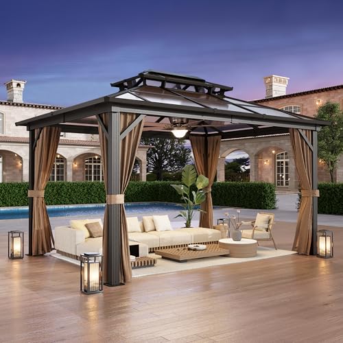 10'x13' Hardtop Gazebo with Polycarbonate Double Roof, Aluminum Frame with Curtains and Netting W47864