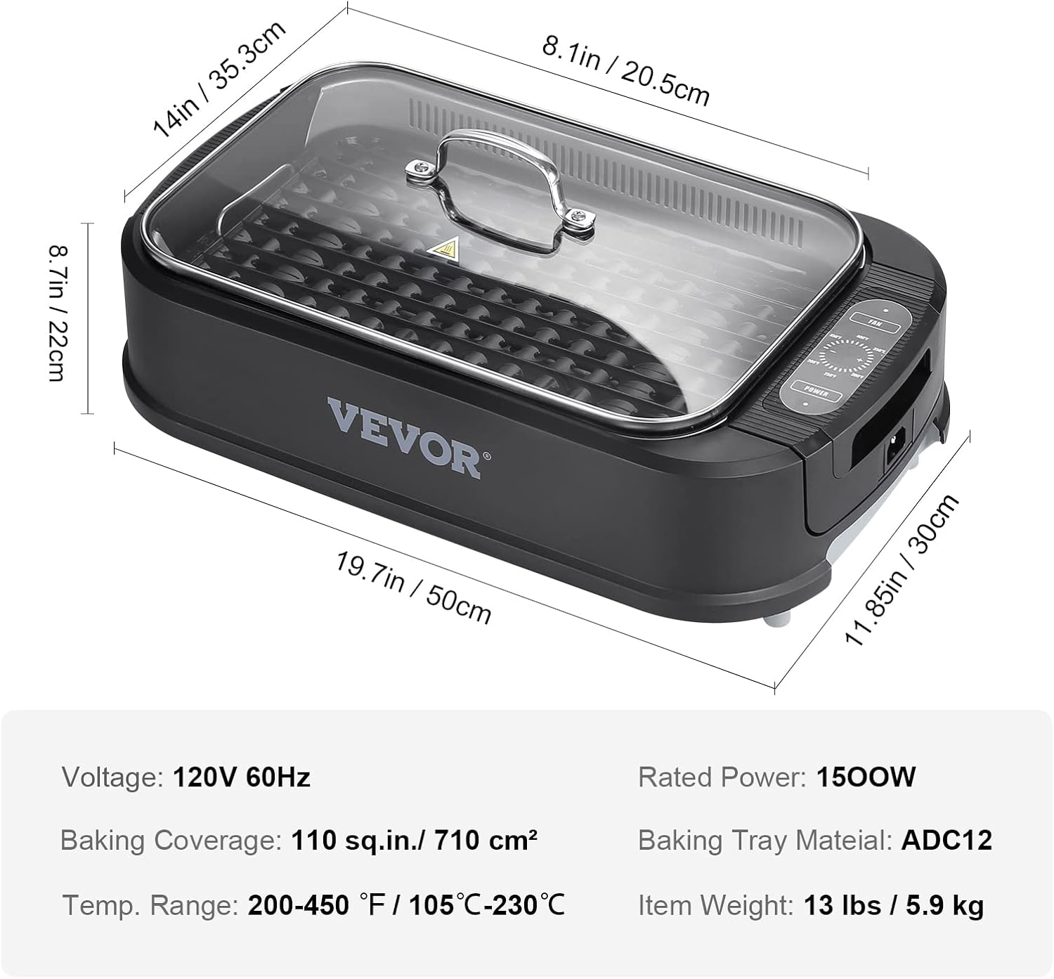 110 sq.in 1500W Electric Non-Stick Smokeless Indoor Grill Z108