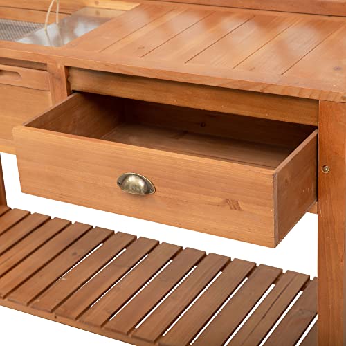 Outsunny Garden Potting Bench, Outdoor Wooden Workstation Table with Metal Screen, Drawer, Hooks, Storage Shelf, and Lattice Back E2159