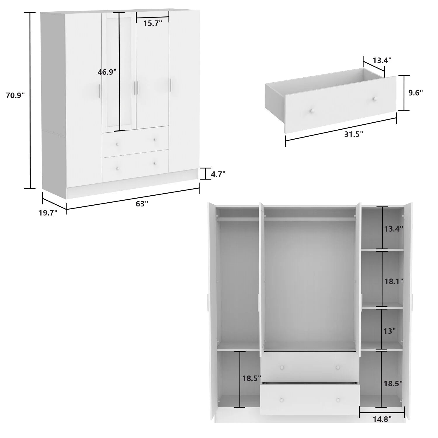 White 4 Doors 2 Drawers Wooden Wardrobe Armoire W595