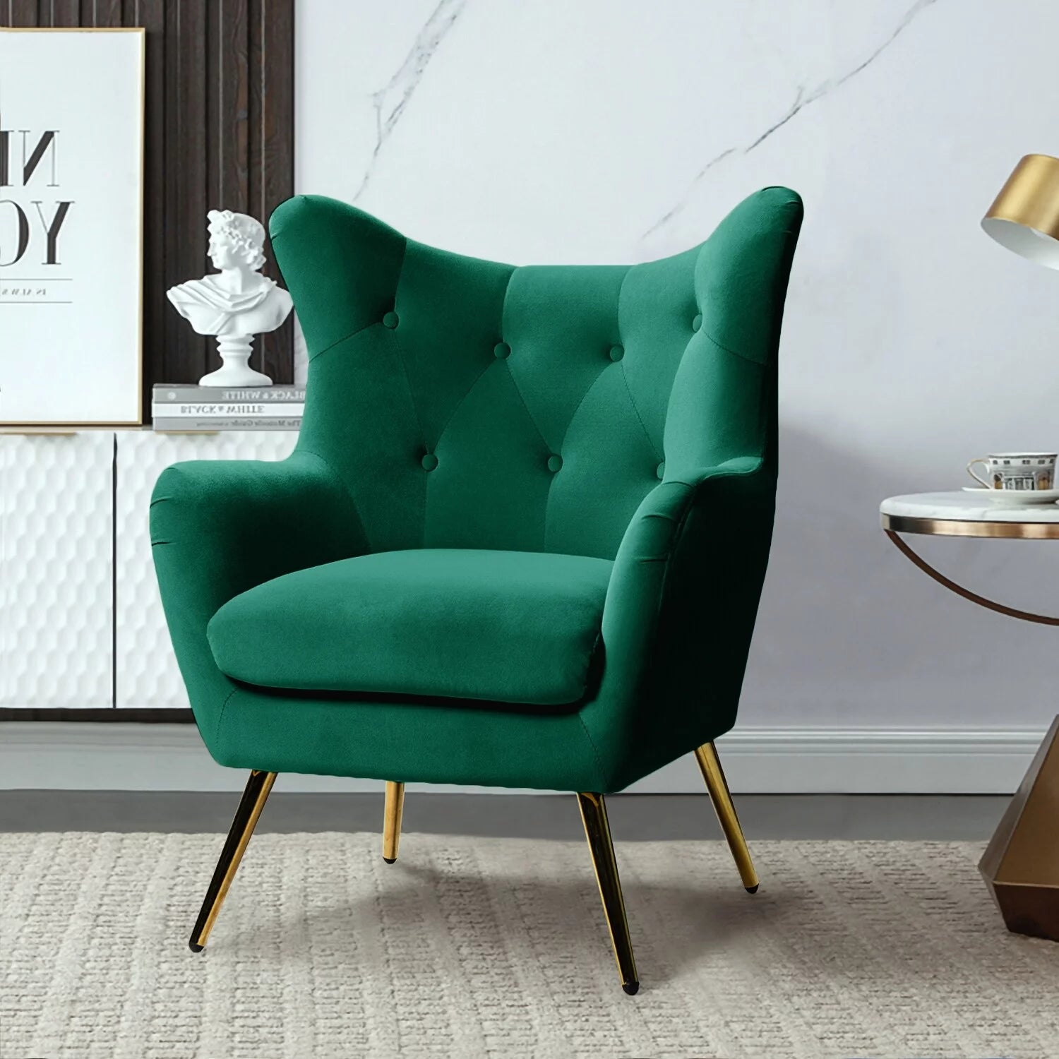 Tufted Velvet Accent Chair with Wingback and Metal Gold Legs G680467