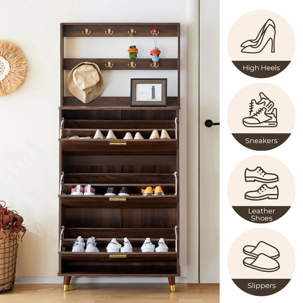 Brown Wardrobe Armoire Closet with 12 Hooks & 3 Shoe Cabinets G632