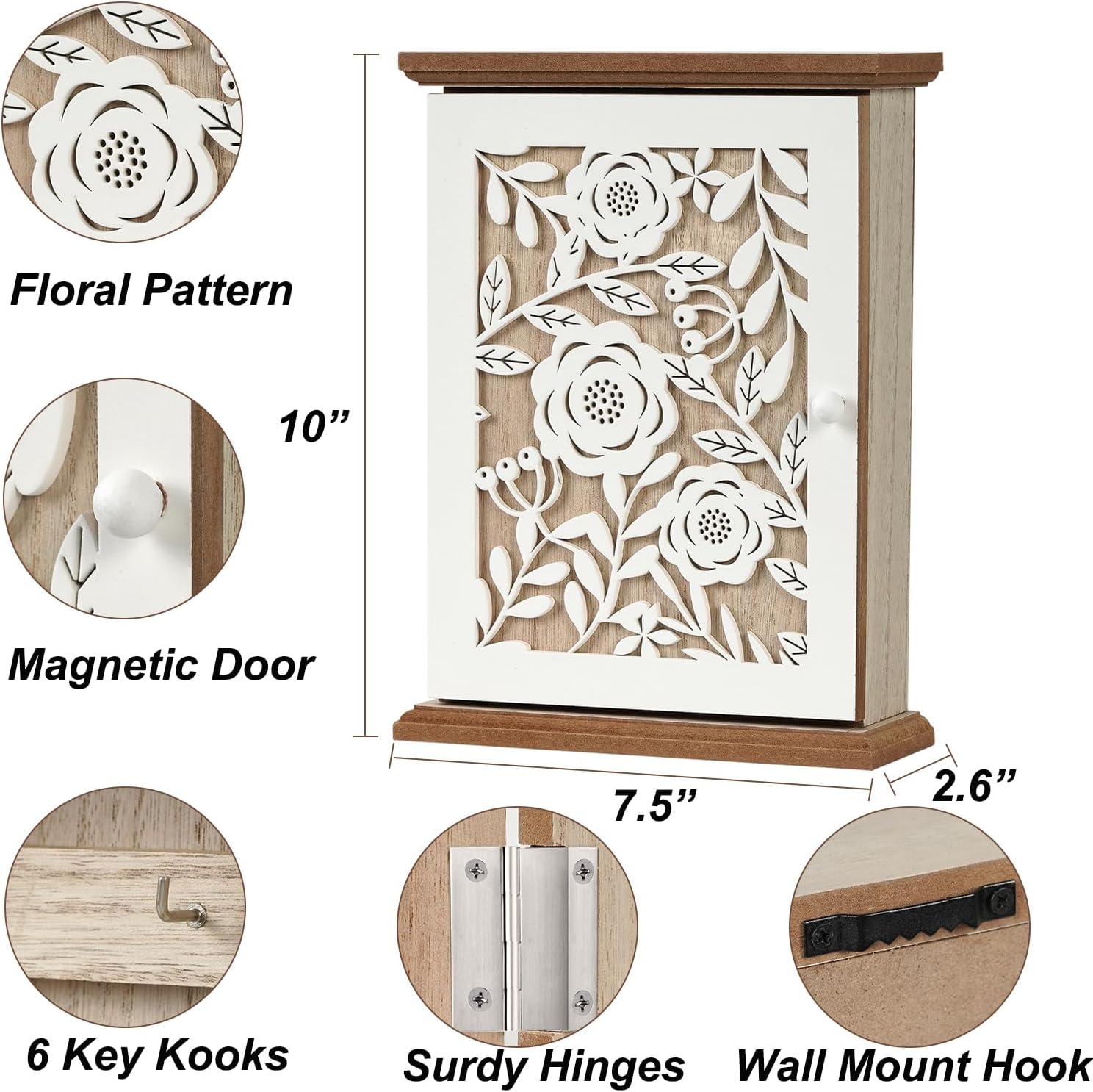 White Wood Key Holder with 6 Key Hook V534
